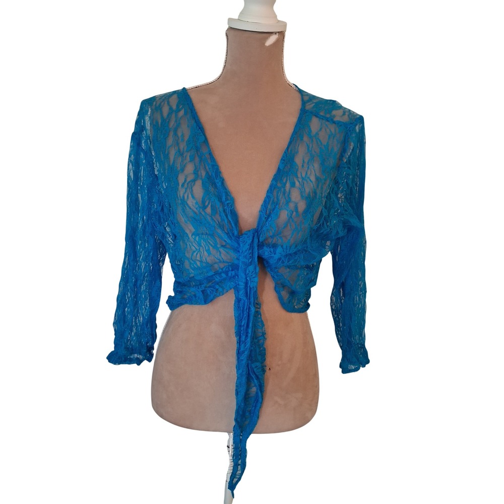 The Paragon Women 1X Turquoise Blue Floral Lace Tie Front Shrug Bolero Cardigan